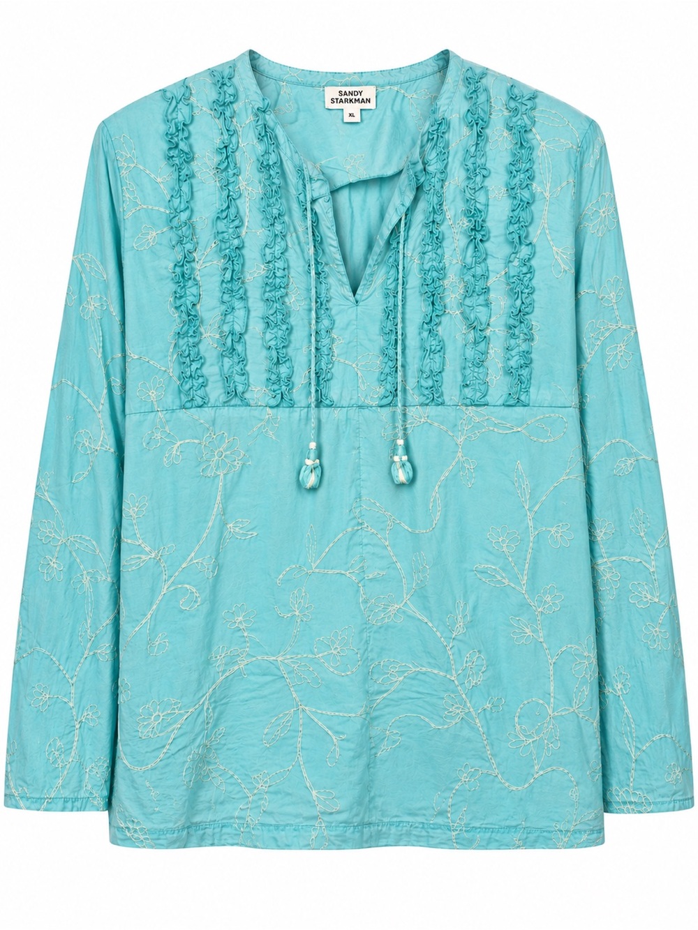 Vintage Sandy Starkman Embroidered Ruffle Tunic Blouse Size XL